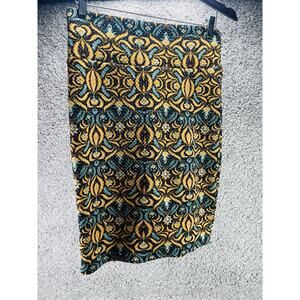 LuLaRoe Cassie Pencil Skirt Size Small Gold Blue Abstract Print Stretch Fabric